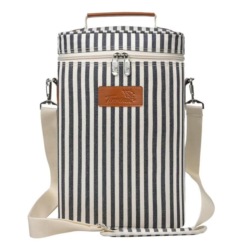 NEW Tirrinia Insulated 2 Bottle Wine Carrier Tote Cooler Bag Picnic Case Striped